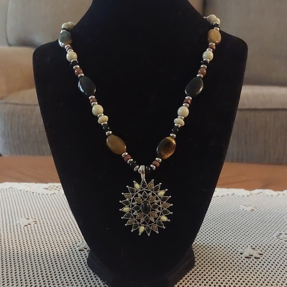 Chaps Beaded Earth Tone Pendant Necklace